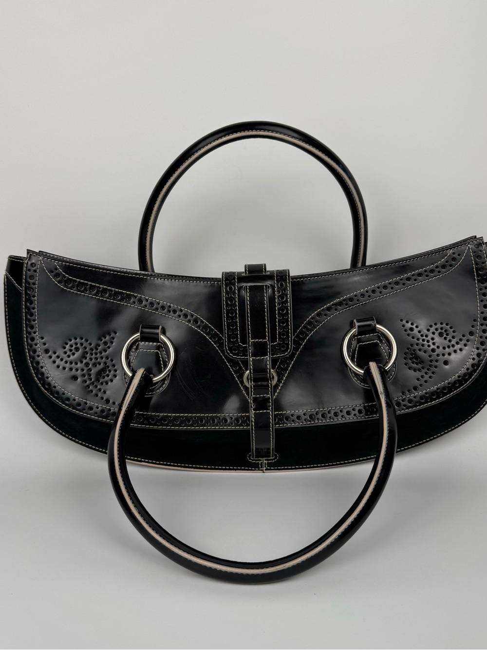 Tanner Krolle Black Leather Crescent Satchel with Double Circle Handles